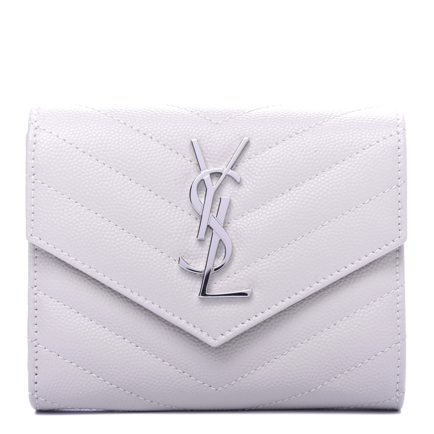 Saint Laurent Grain De Poudre Matelasse Chevron Monogram Compact Tri Fold Wallet Crema Soft 1 of 7
