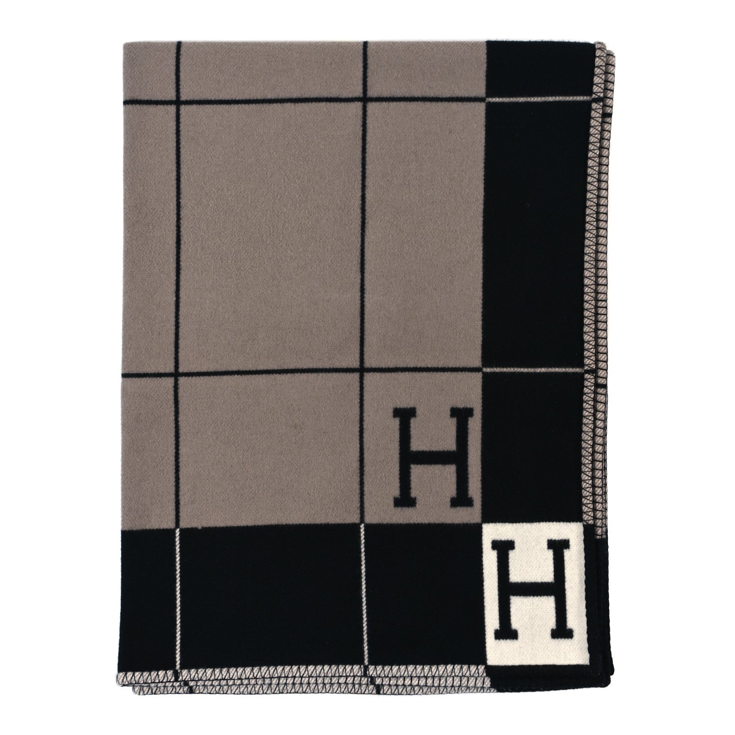 Hermes Wool Cashmere Avalon III Blanket Ecru Black 1 of 4