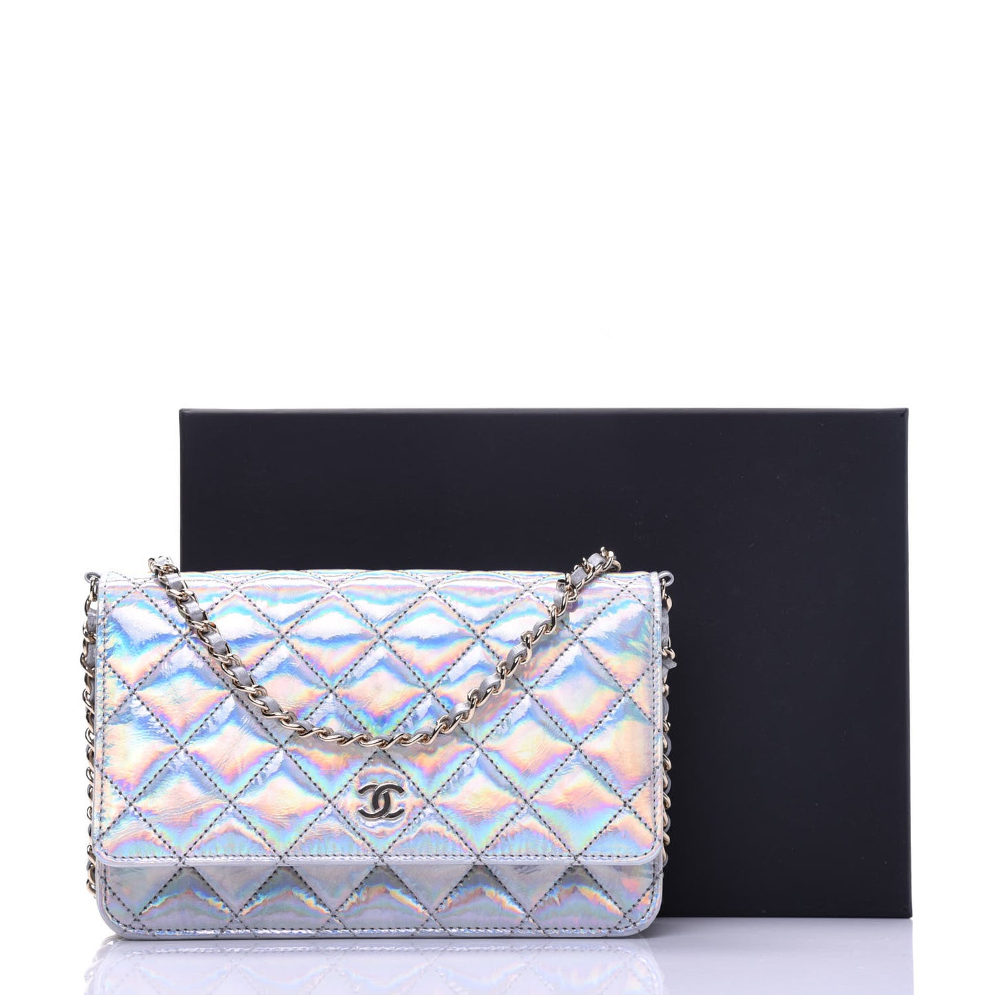 Iridescent Goatskin Quilted Wallet On Chain WOC Silver