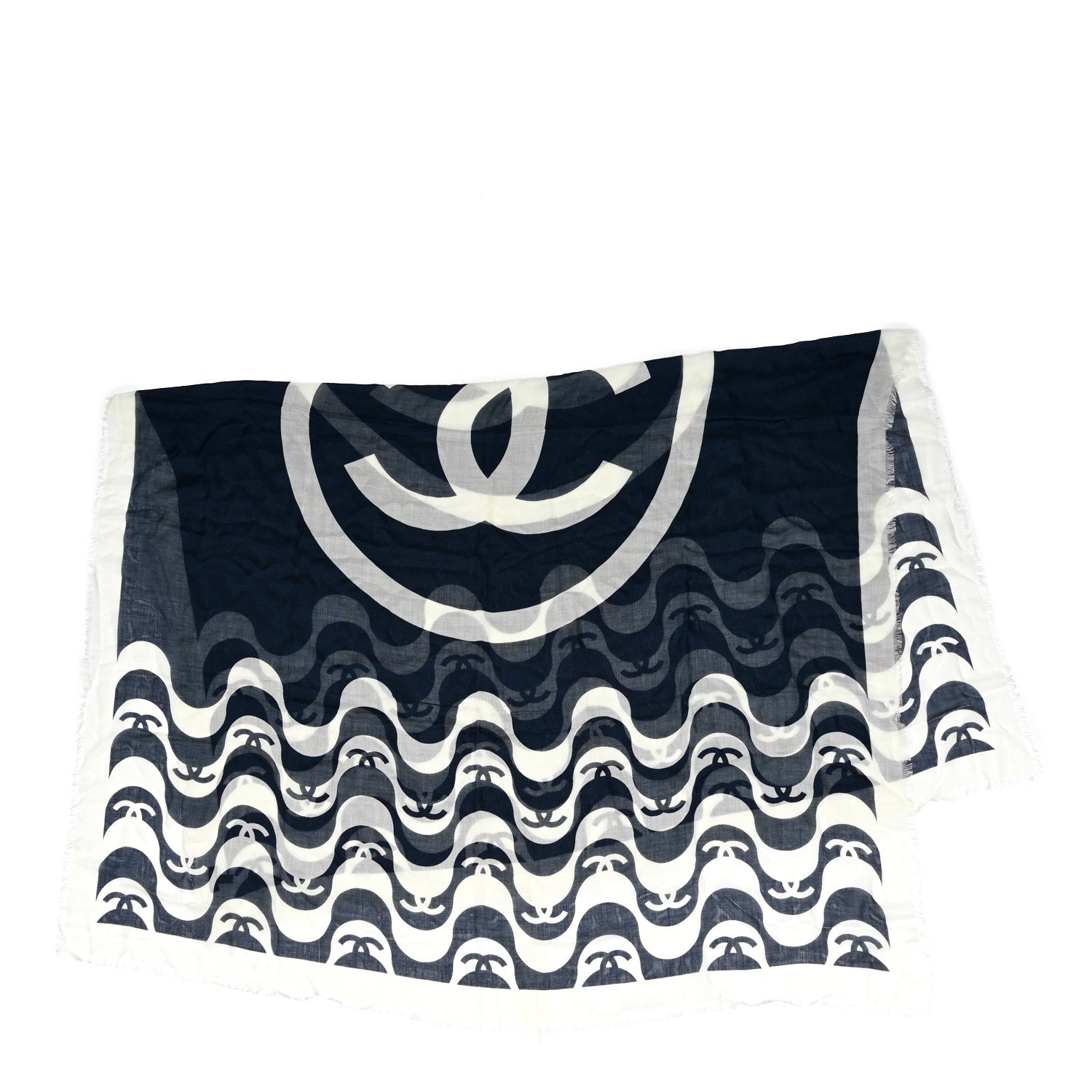 Chanel Cashmere Silk CC Fringe Stole Ecru Navy Blue 1 of 3