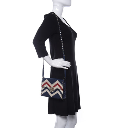 Valentino Garavani Calfskin Canvas Zig Zag Print Rockstud Flip Lock Crossbody Bag Red Blue 2 of 9