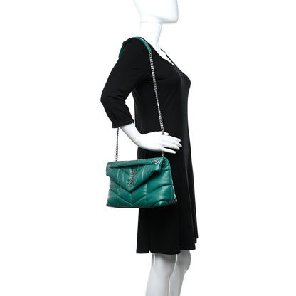 Saint Laurent Lambskin Quilted Small Loulou Puffer Monogram Chain Satchel Green Field 2 of 7
