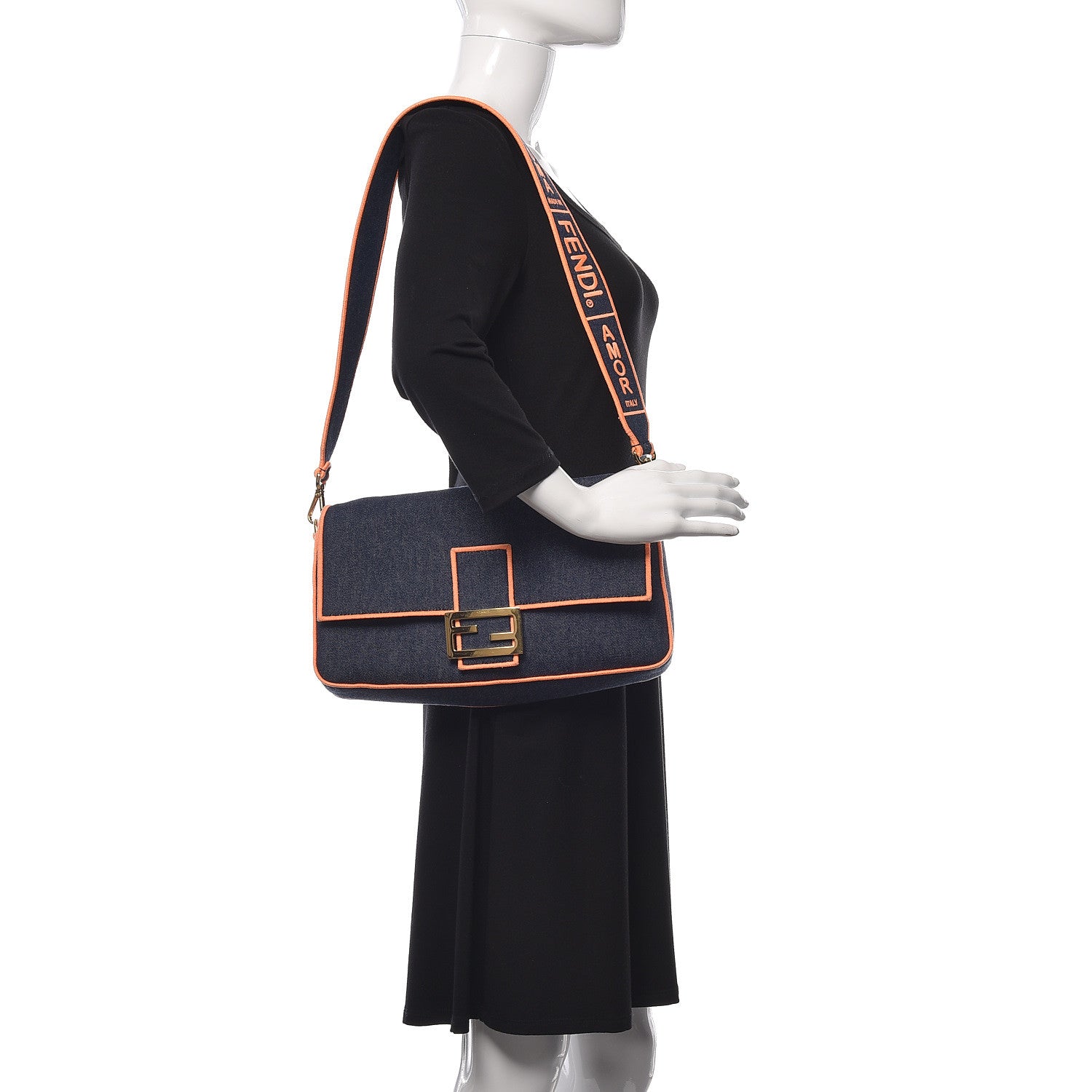 Fendi Denim Large Baguette Blue Arancio Fluo 2 of 15