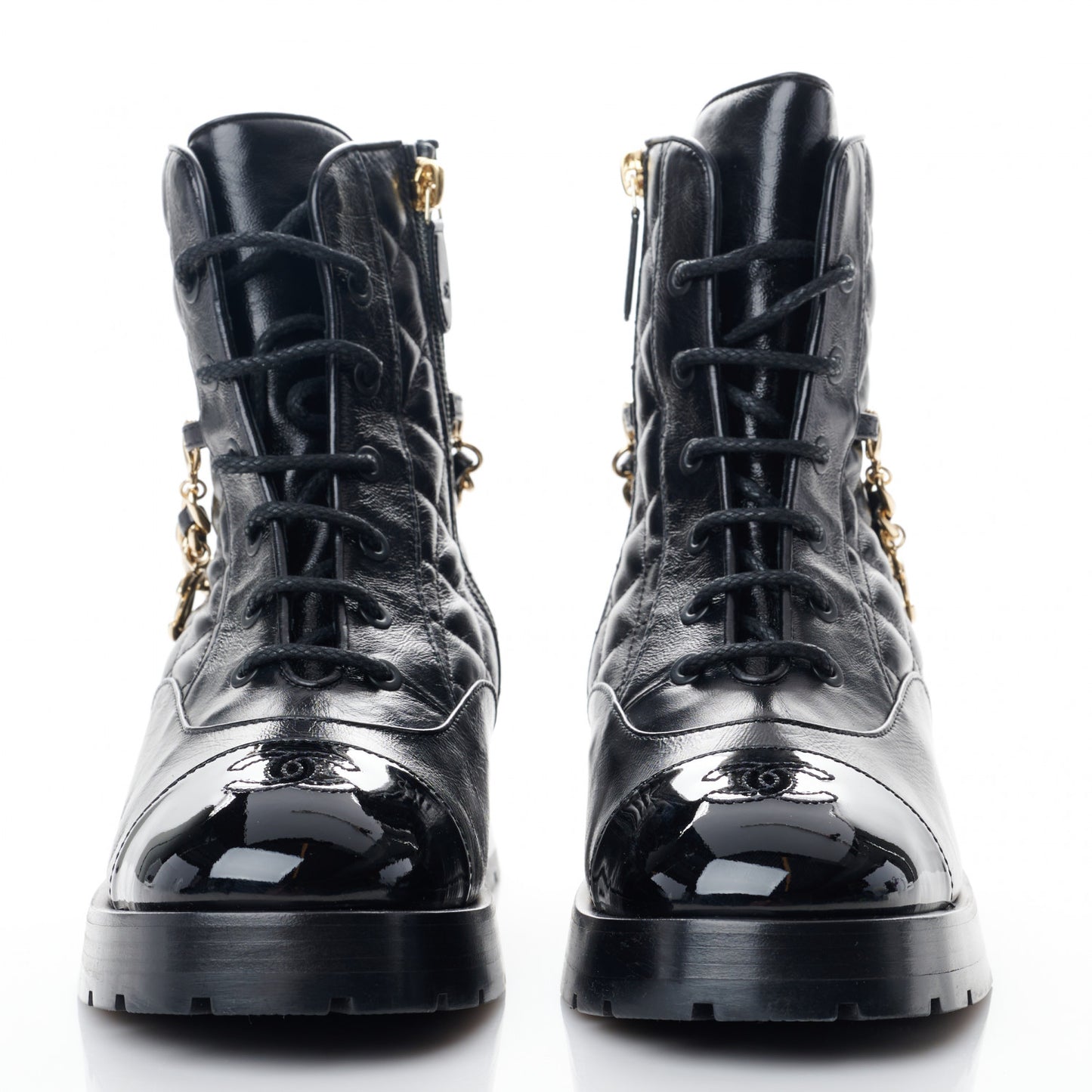 Shiny Calfskin Patent Quilted Chain Lace Up Combat Boots 39 Black