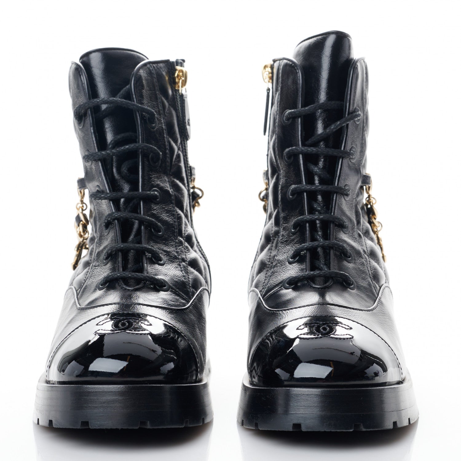 Chanel Shiny Calfskin Patent Quilted Chain Lace Up Combat Boots 39 Black 2 of 9