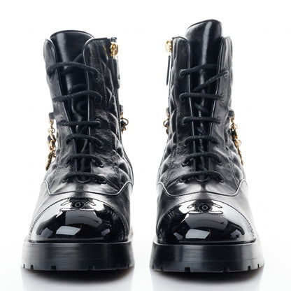 Chanel Shiny Calfskin Patent Quilted Chain Lace Up Combat Boots 39 Black 2 of 9