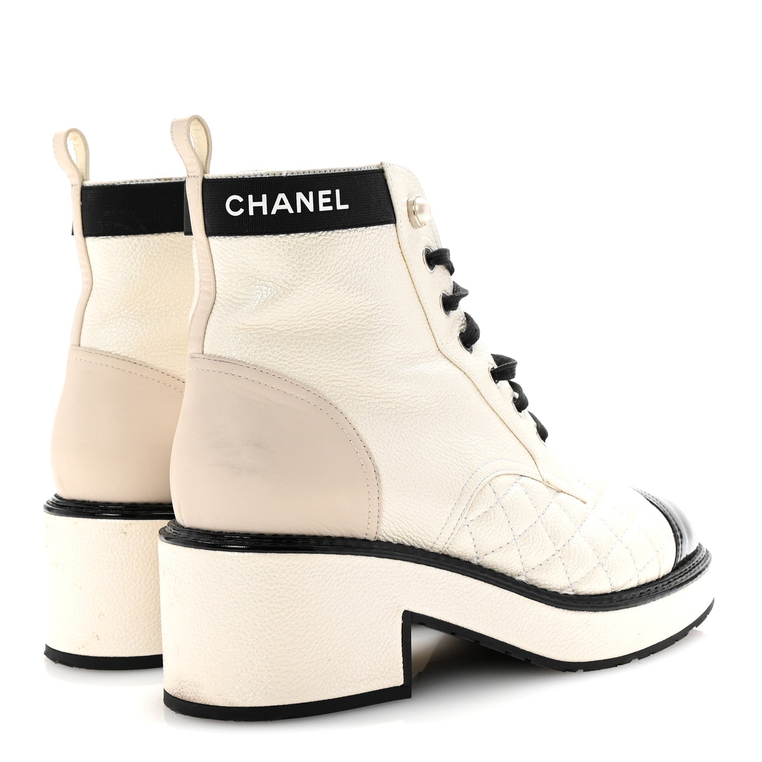 Chanel Pearly Calfskin Patent Calfskin Quilted Lace Up Boots 37 White Light Gray Black 5 of 9