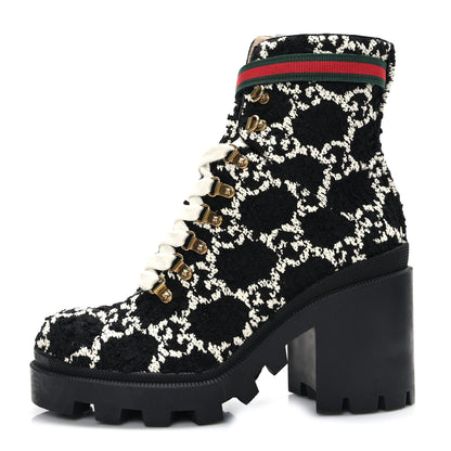 Gucci Tweed GG Monogram Lace Up Combat Ankle Boots 40 Black 1 of 7