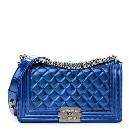 Chanel Metallic Patent Quilted Medium Boy Flap Blue 1 of 14