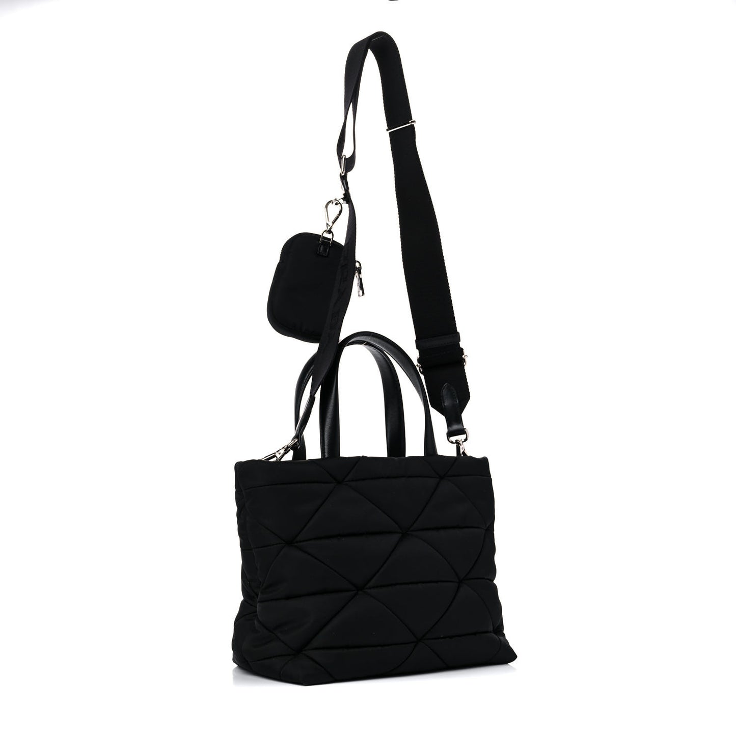 Re-Nylon Nappa Triangle Quilted Padded Double Handled Zip Pocket Tote Black