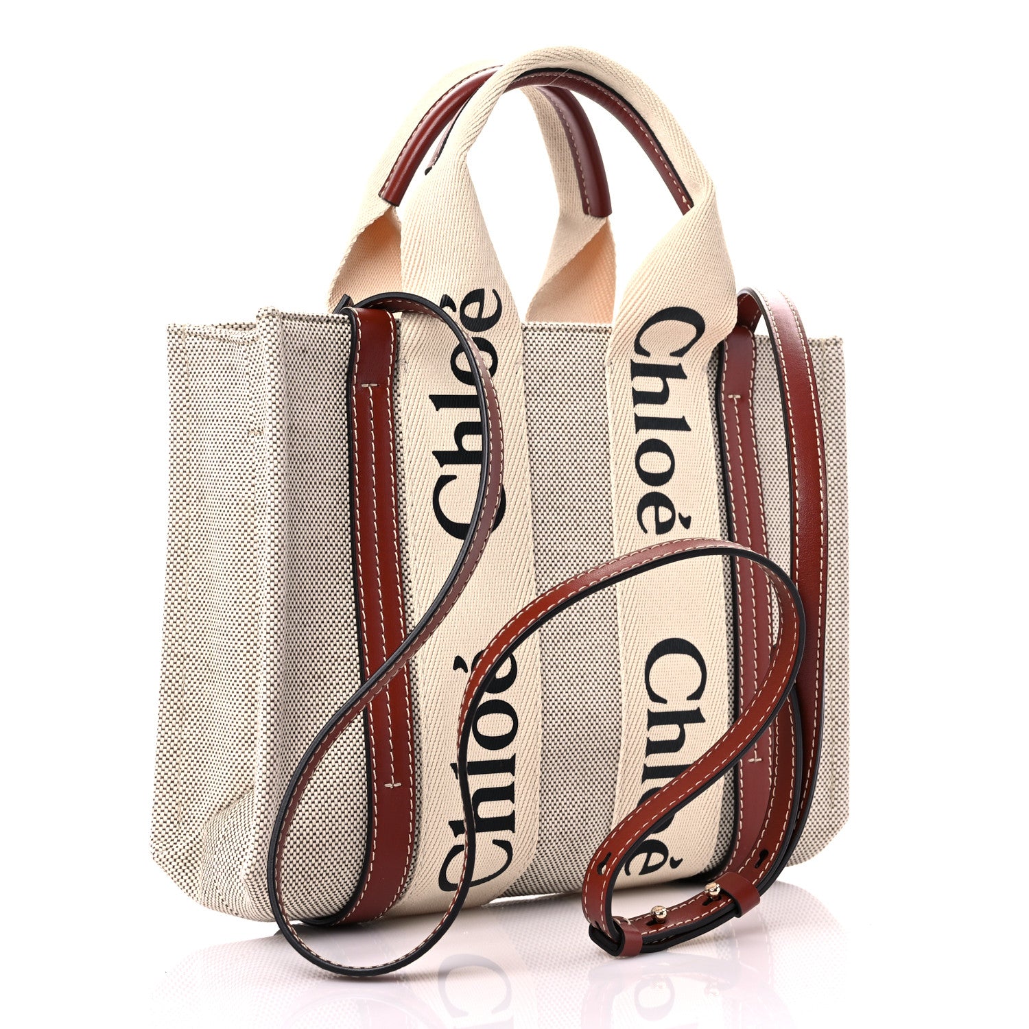 Chloe Cotton Calfskin Small Woody Ribbon Tote With Strap White Brown 3 of 9