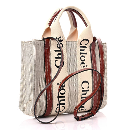 Chloe Cotton Calfskin Small Woody Ribbon Tote With Strap White Brown 3 of 9
