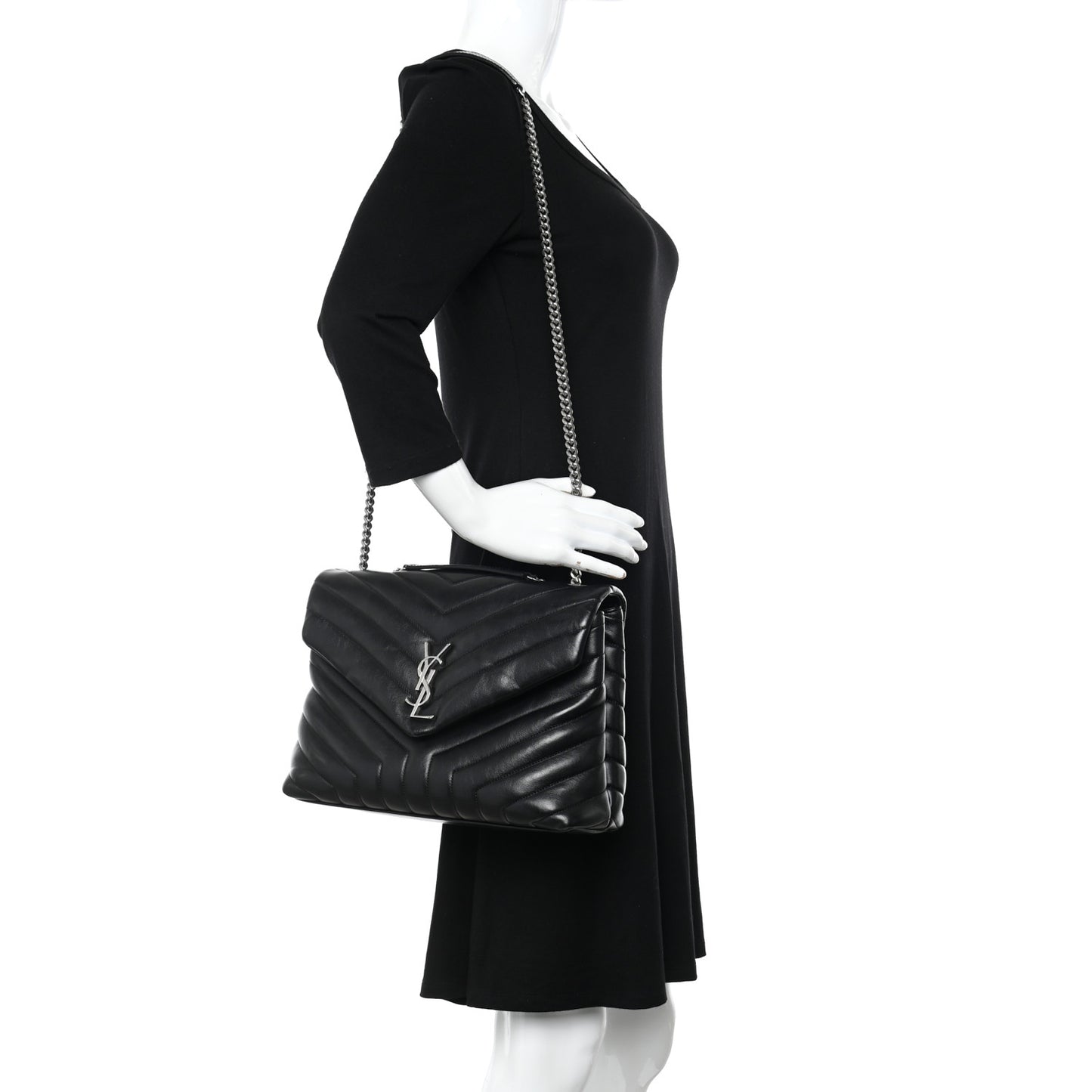 Calfskin Y Quilted Monogram Medium Loulou Chain Satchel Black