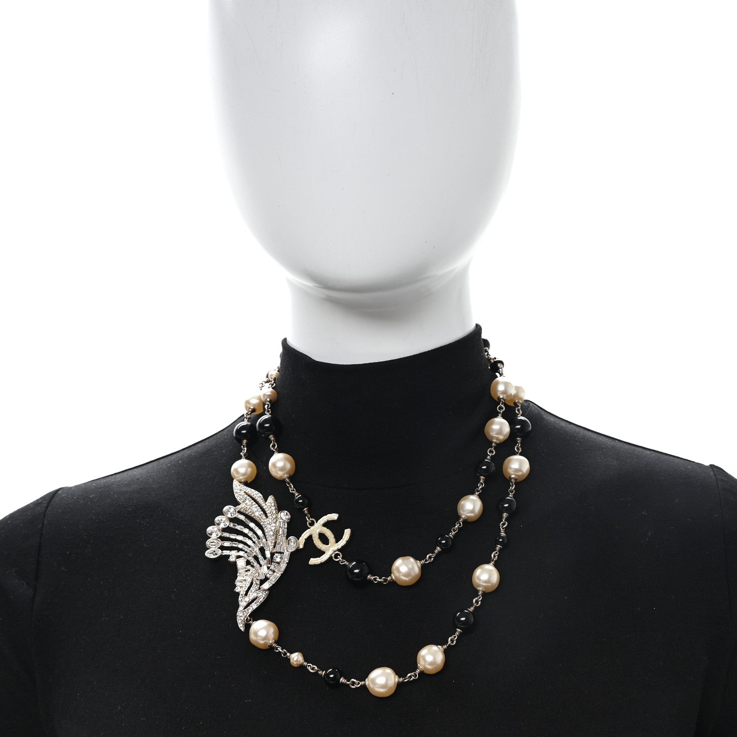 Chanel Pearl Crystal Baguette Beaded Wing Long Necklace Black Gold 2 of 5