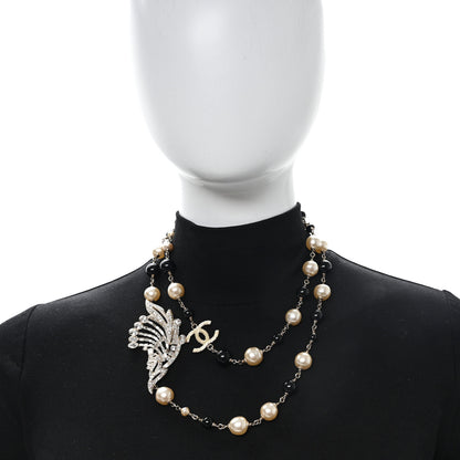 Chanel Pearl Crystal Baguette Beaded Wing Long Necklace Black Gold 2 of 5