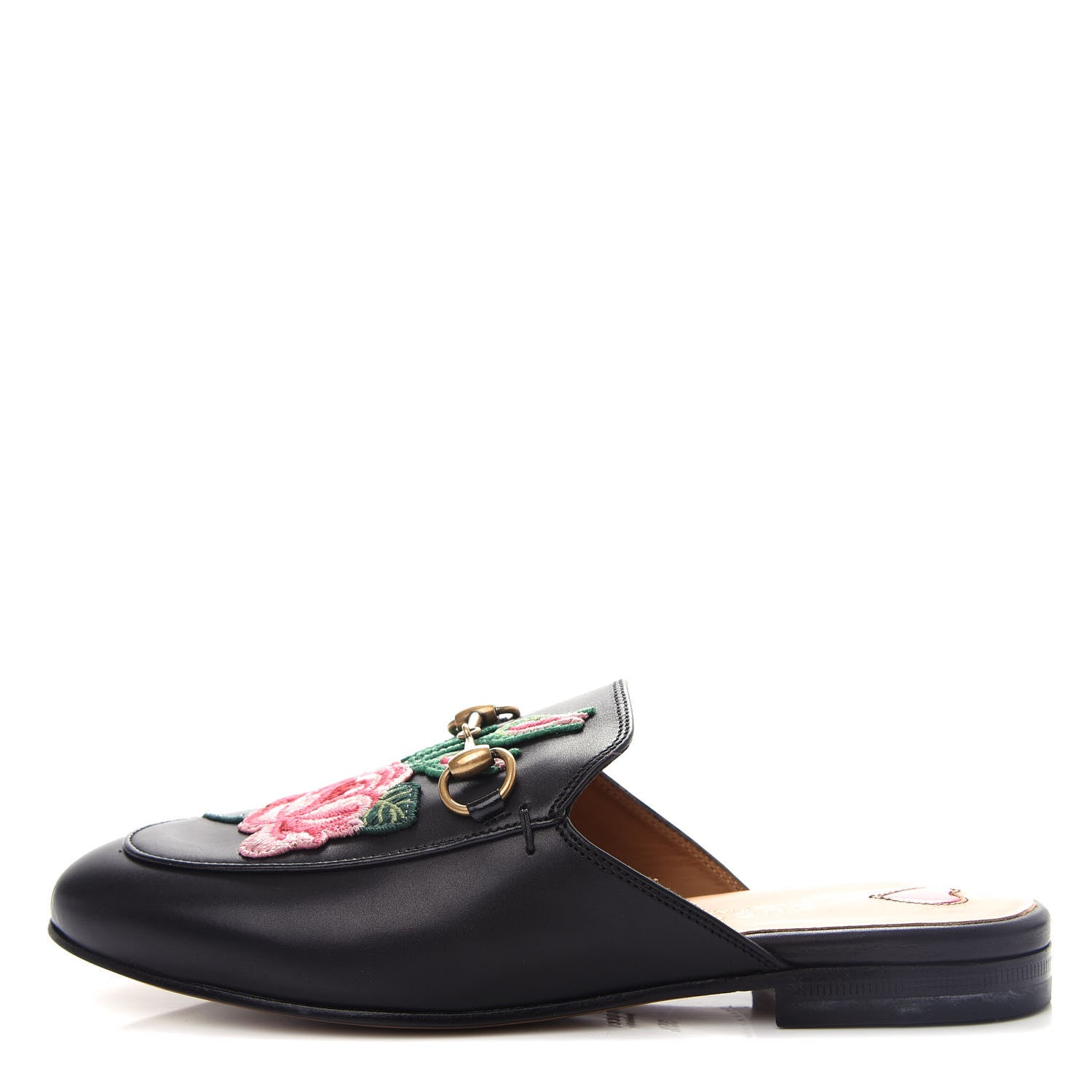 Gucci Calfskin Flower Embroidered Womens Princetown Slippers 35.5 Black 1 of 11