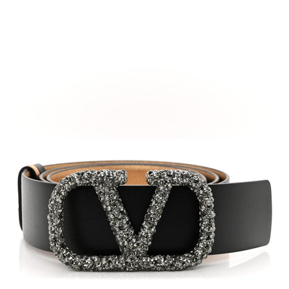 Valentino Garavani Calfskin Crystal VLogo 40mm Reversible Belt 110 44 Black Gold 1 of 5