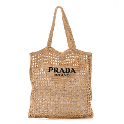 Prada Yarn Raffia Effect Crochet Logo Embroidered Tote Bag Naturale 1 of 9