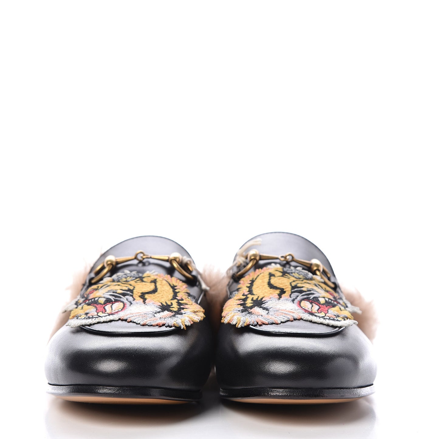 Calfskin Fur Tiger Embroidered Womens Princetown Slippers 37 Black