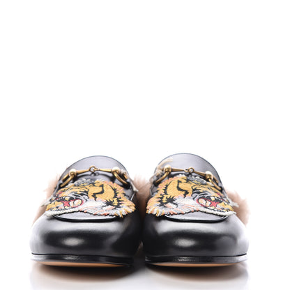 Gucci Calfskin Fur Tiger Embroidered Womens Princetown Slippers 37 Black 2 of 9