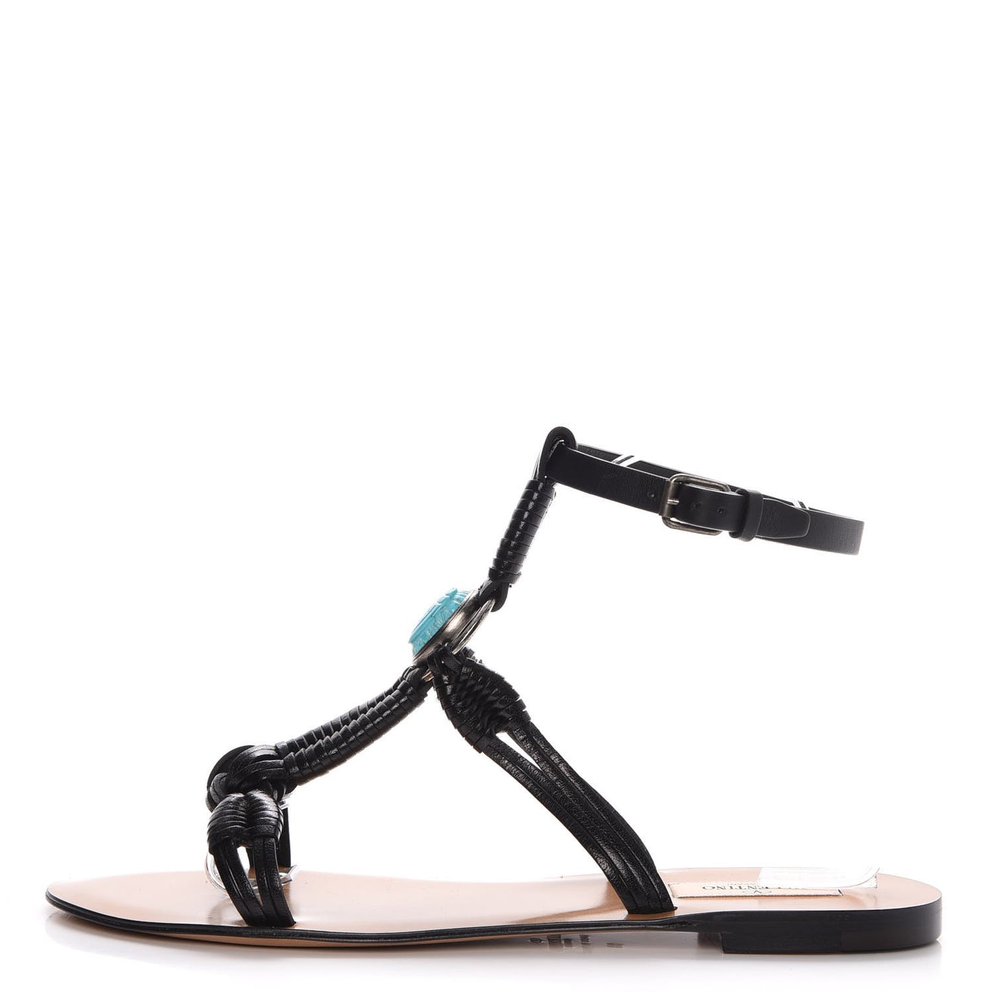 Calfskin Turquoise Braided Scarab Ankle Wrap Flat Sandals 38 Black