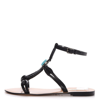Valentino Garavani Calfskin Turquoise Braided Scarab Ankle Wrap Flat Sandals 38 Black 1 of 7