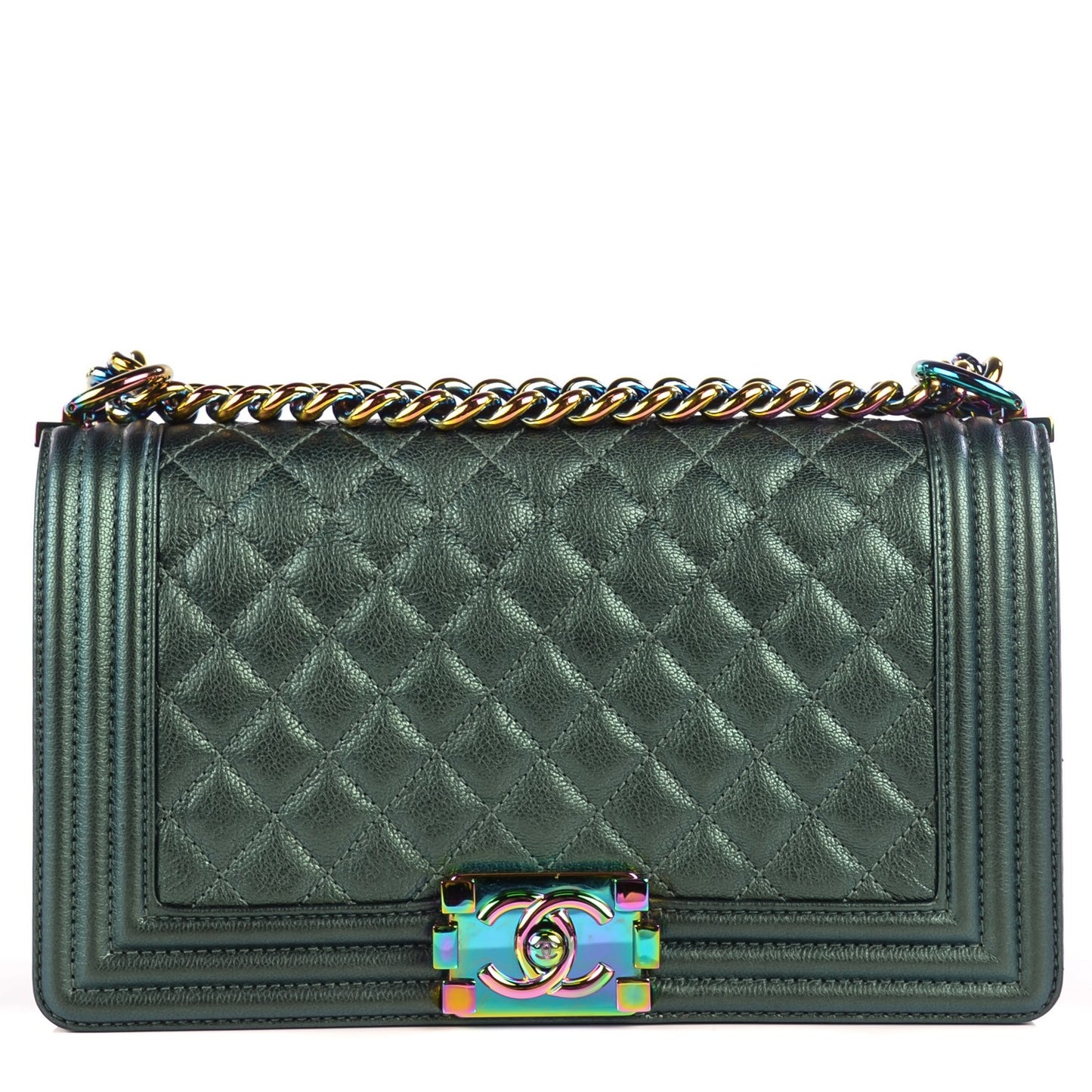 Iridescent Goatskin Quilted Medium Boy Flap Green