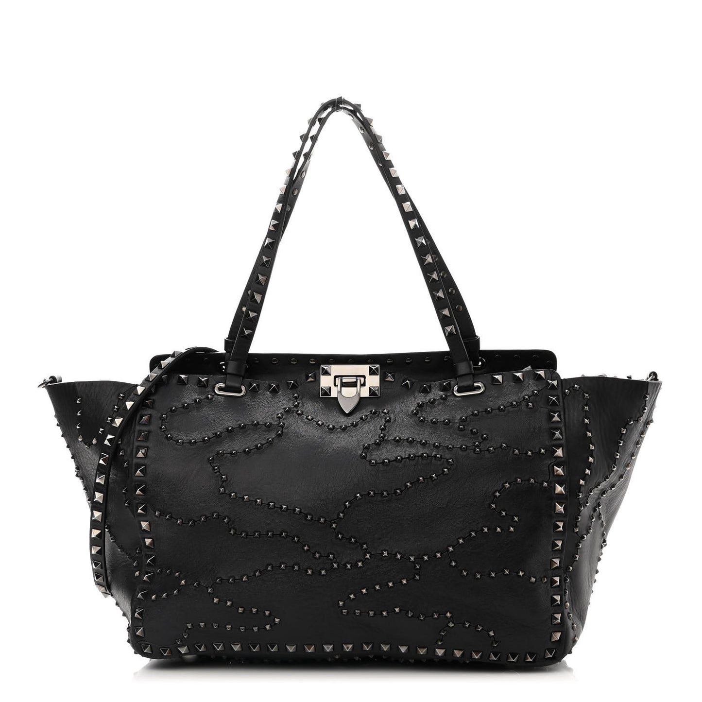 Vitello Studded Medium Rockstud Tote Black