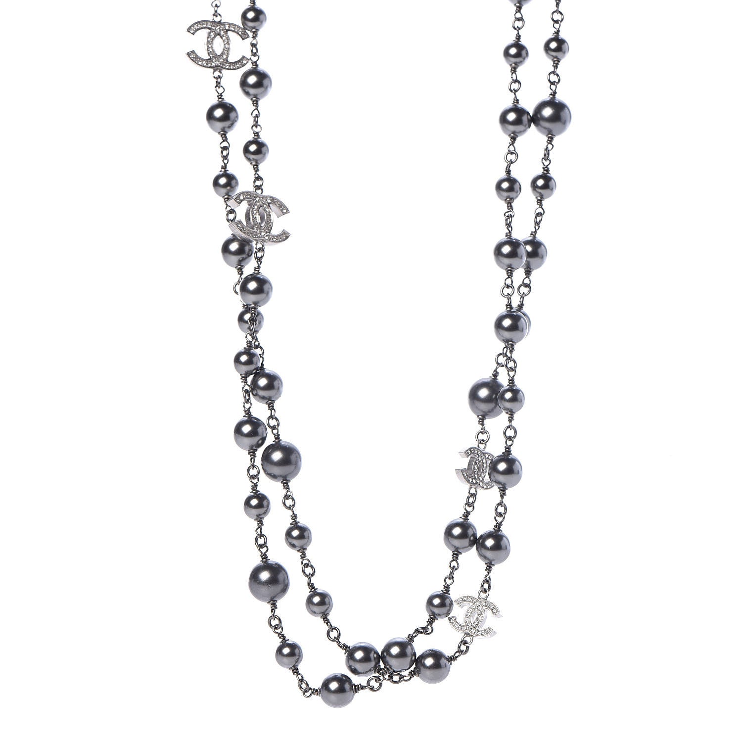 Chanel Pearl Crystal CC Long Necklace Silver Grey 1 of 4