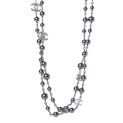 Chanel Pearl Crystal CC Long Necklace Silver Grey 1 of 4