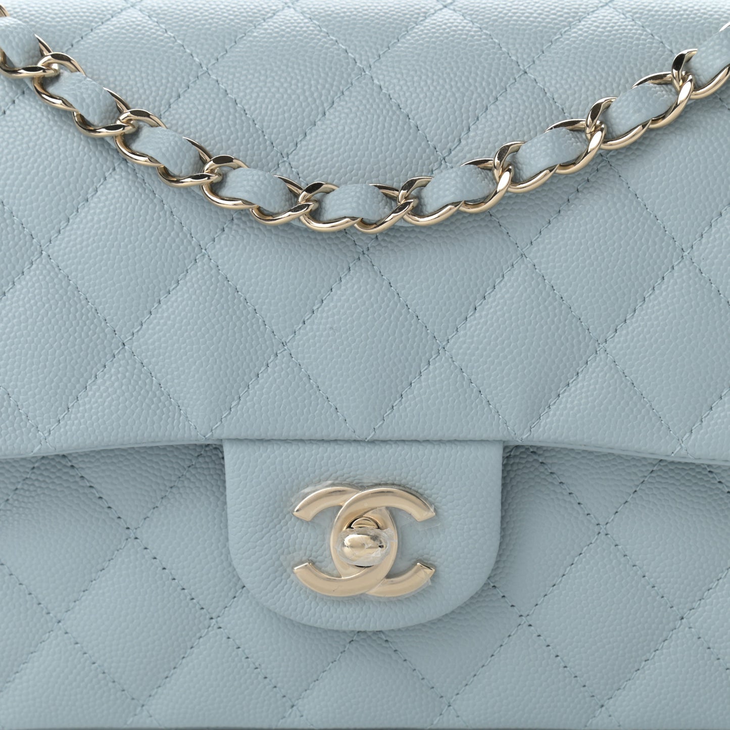Caviar Quilted Medium Double Flap Light Blue