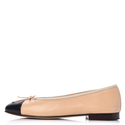 Chanel Lambskin Cap Toe CC Ballerina Flats 36.5 Beige Black 1 of 13