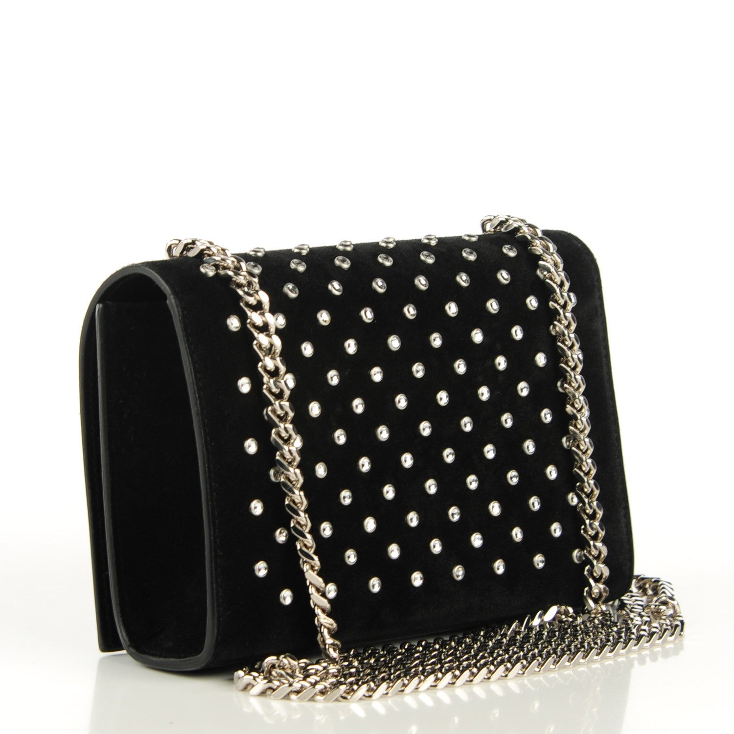 Saint Laurent Suede Crystal Studded Small Monogram Tassel Satchel Black 3 of 8