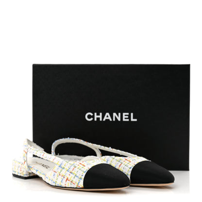 Chanel Tweed Grosgrain Cap Toe CC Slingback Flat 38 White Multicolor 10 of 10