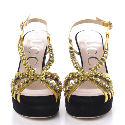 Gucci Velvet Nappa Crystal Zephyra Slingback Platform High Heel Sandals 36 Black Gold 2 of 9