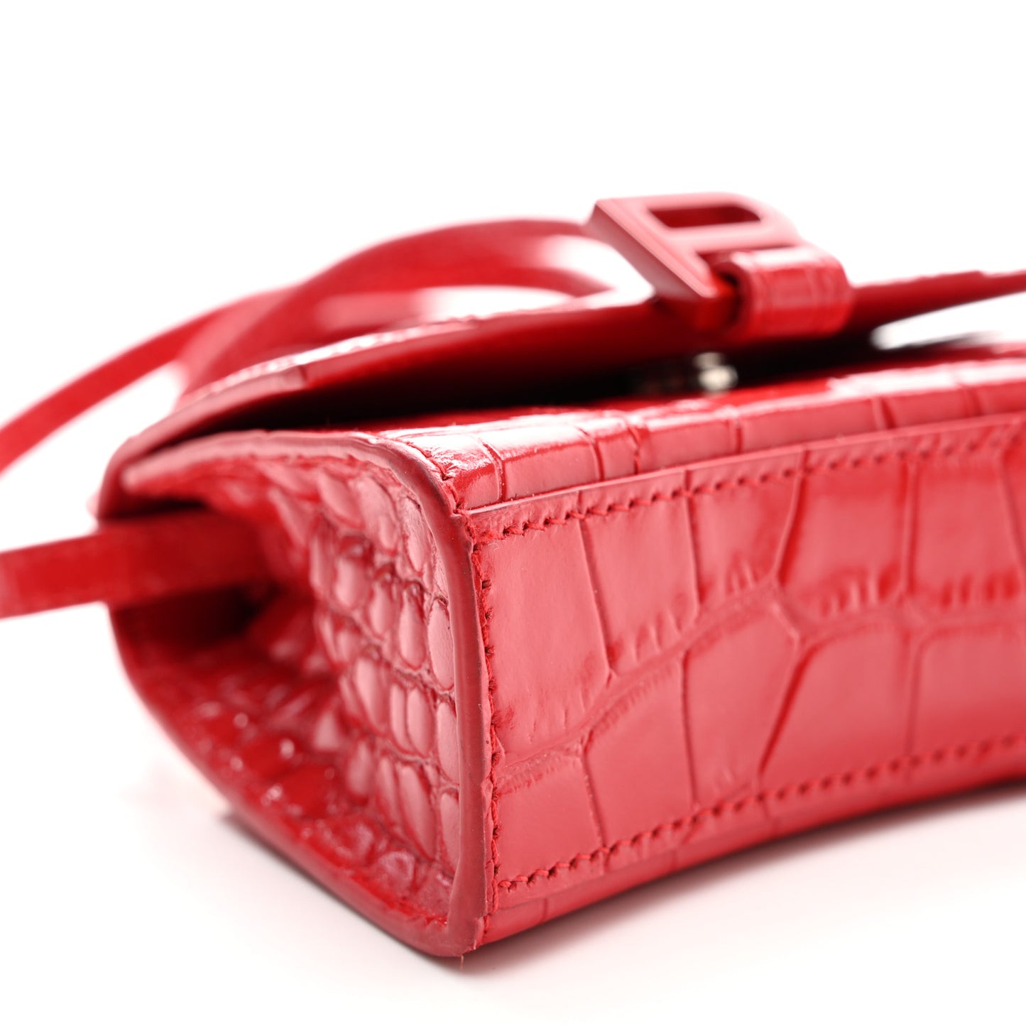 Shiny Calfskin Tonal B Crocodile Embossed Hourglass Top Handle Bag Mini Bright Red