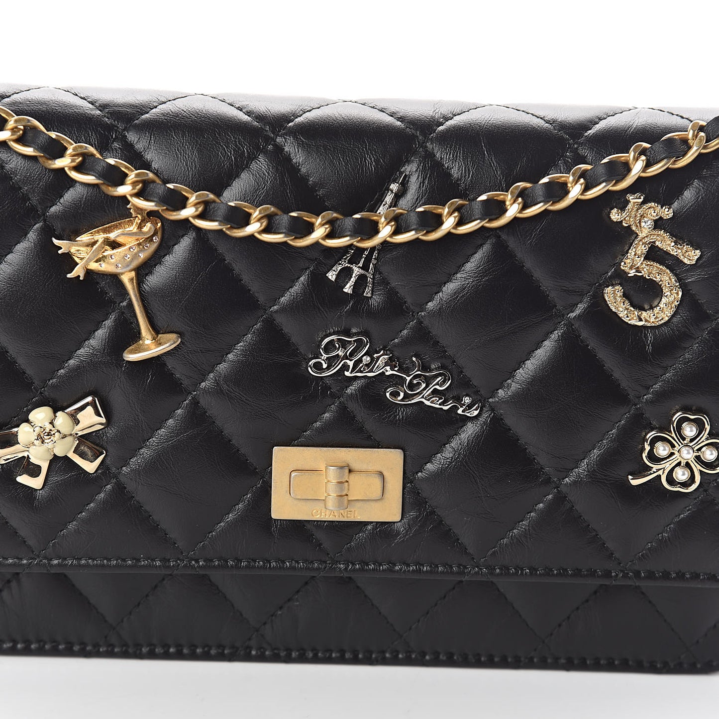Aged Calfskin Quilted Lucky Charms 2.55 Reissue Wallet On Chain WOC Black