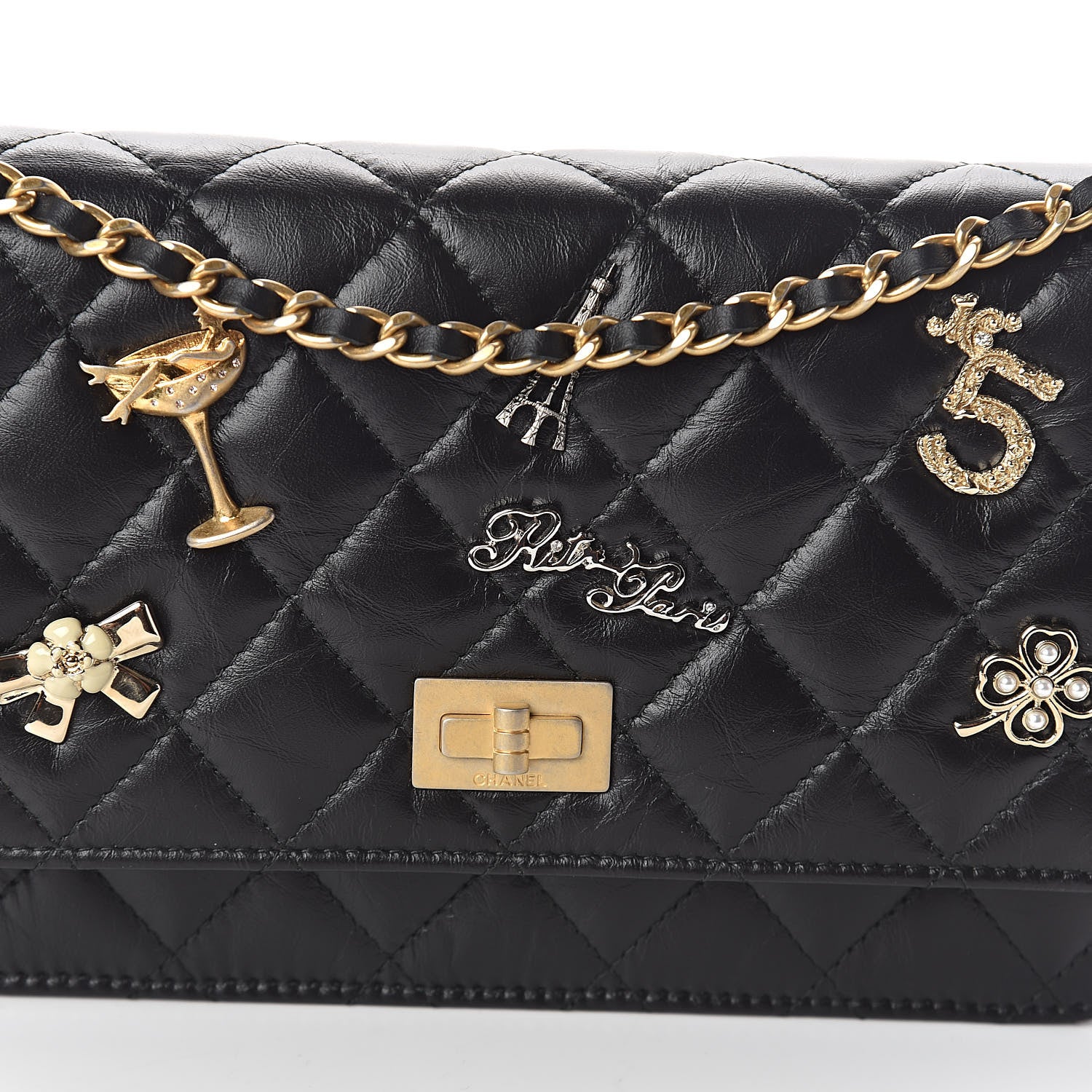 Chanel Aged Calfskin Quilted Lucky Charms 2.55 Reissue Wallet On Chain WOC Black 9 of 12