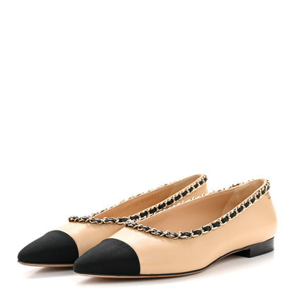 Chanel Lambskin Grosgrain Chain Cap Toe Flats 37.5 Beige Black 4 of 11