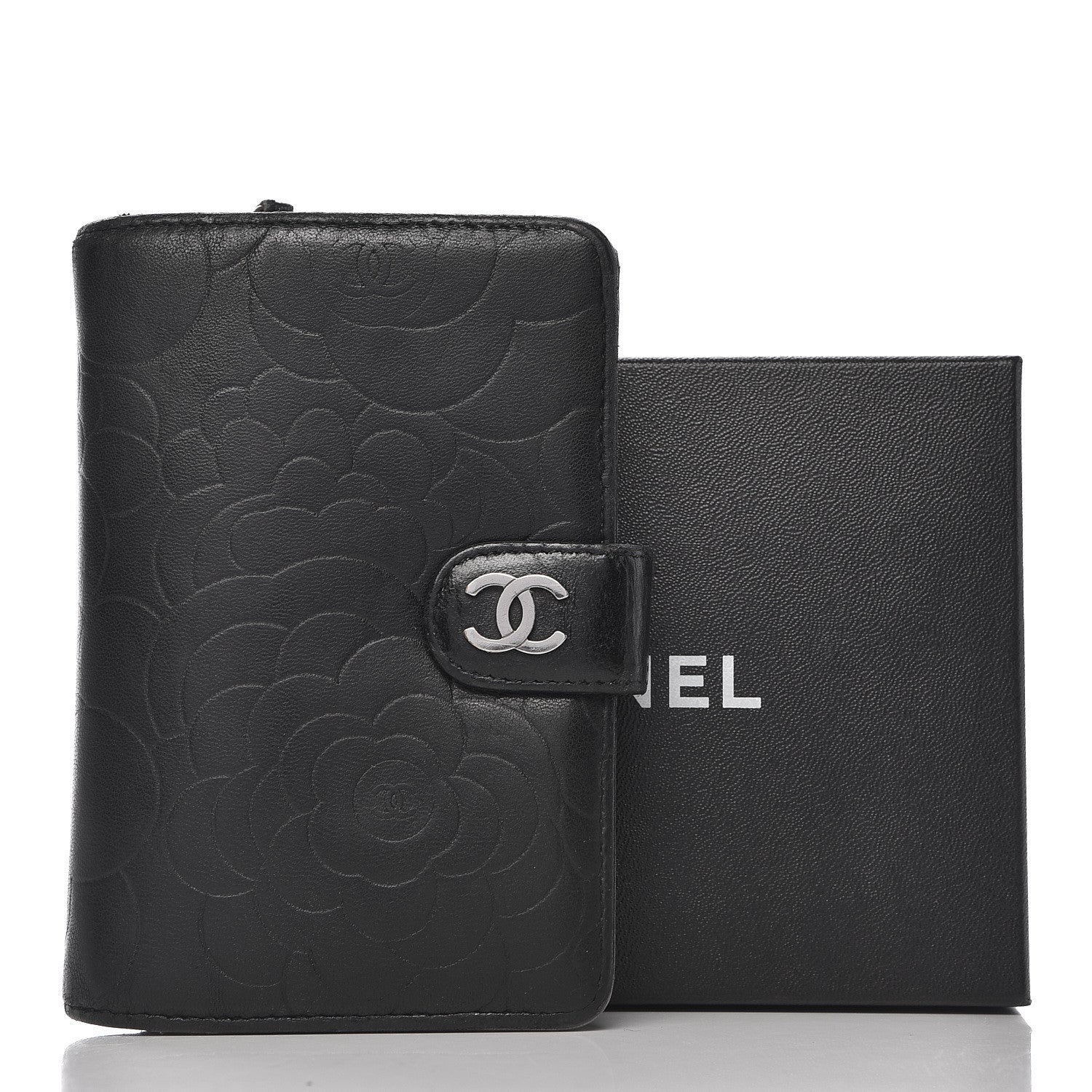 Chanel Lambskin Camellia Embossed Zipped Pocket Wallet Black 15 of 15