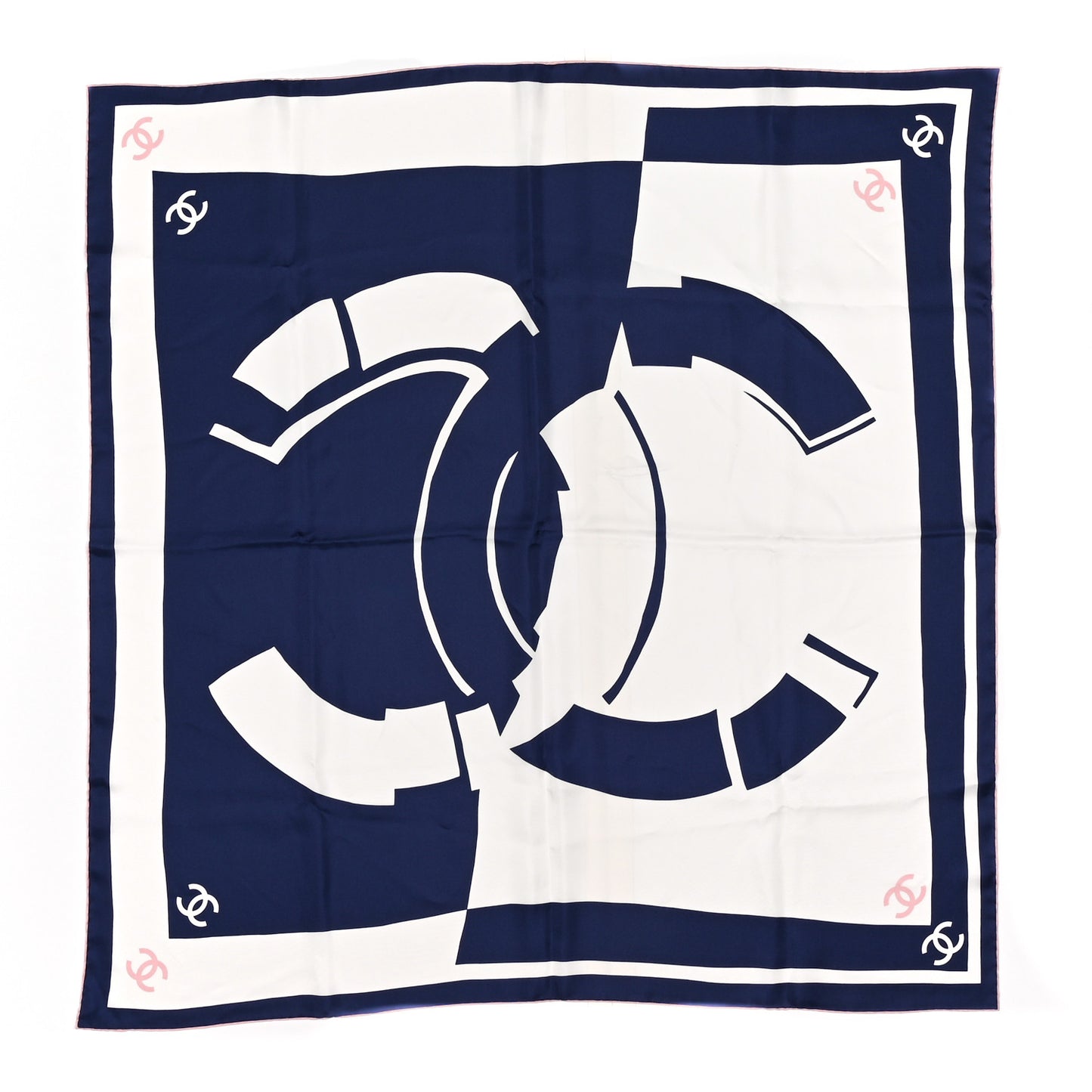 Silk CC Square Scarf Navy Blue Light Pink