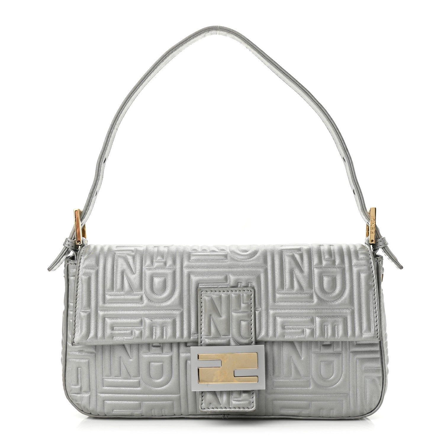 Fendi Nappa Logo Embossed Baguette Silver 1 of 9