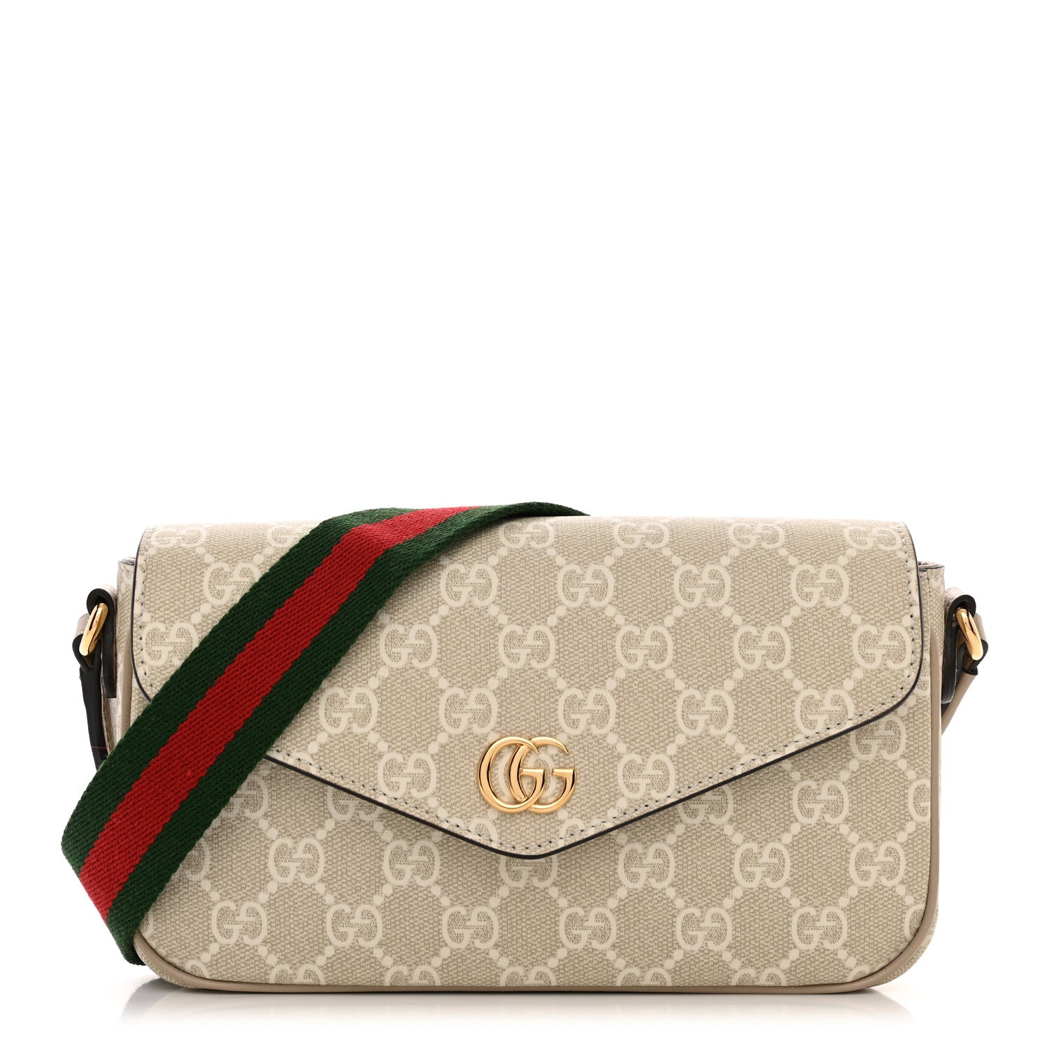 Gucci GG Supreme Monogram Textured Dollar Calfskin Web Mini Ophidia Envelope Shoulder Bag Beige Mystic White Oatmeal 1 of 11