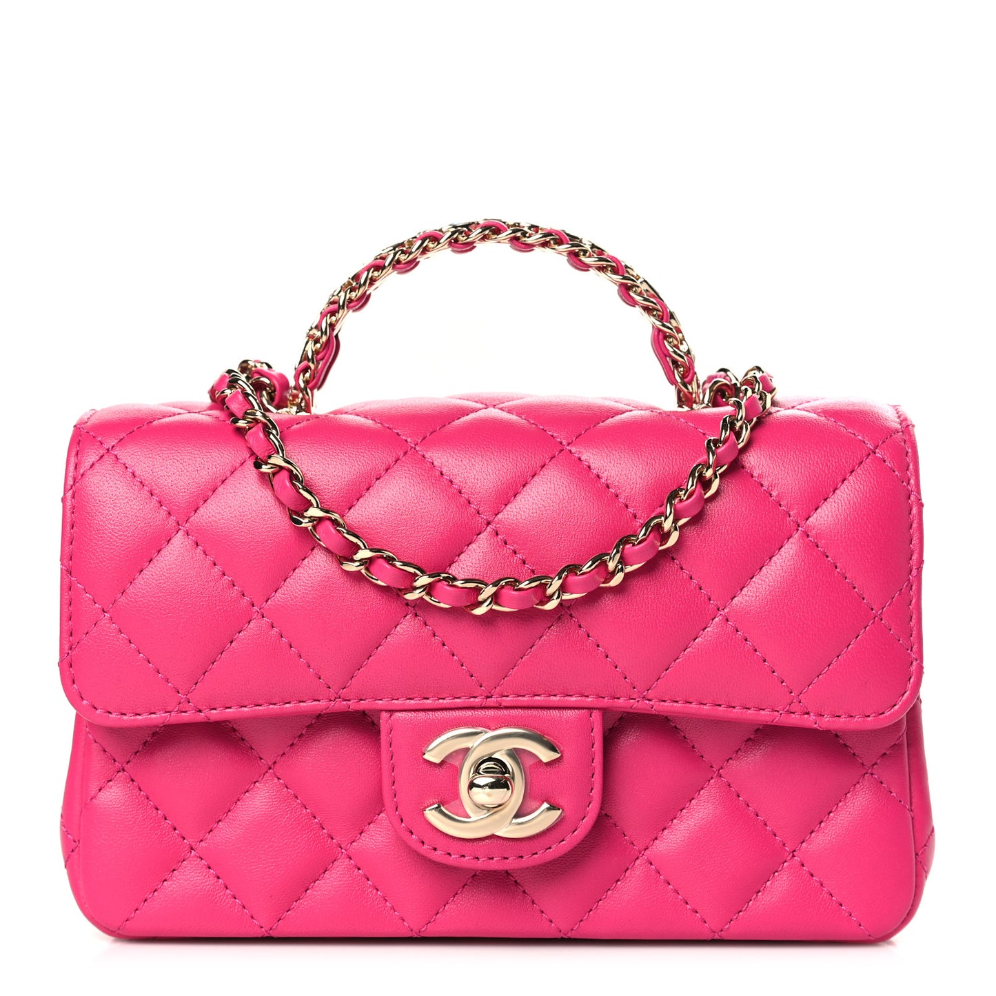 Lambskin Quilted Mini Crystal Top Handle Rectangular Flap Dark Pink