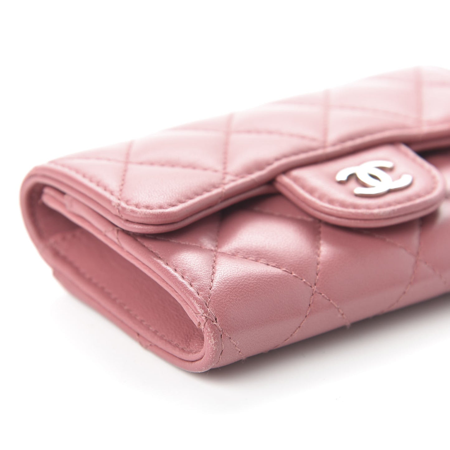 Lambskin Quilted Flap Card Holder Wallet Pink
