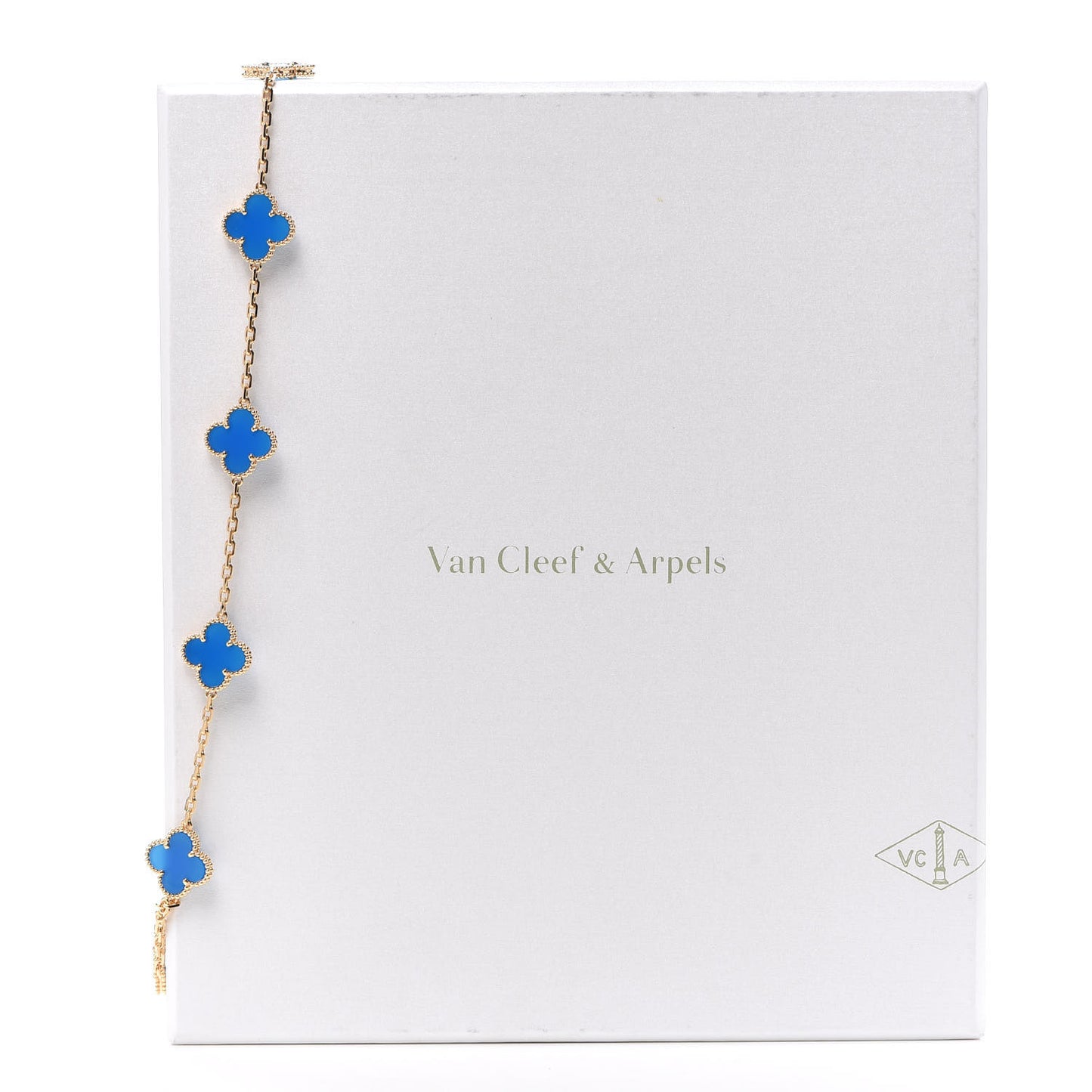 18K Yellow Gold Blue Agate 10 Motifs Vintage Alhambra Necklace