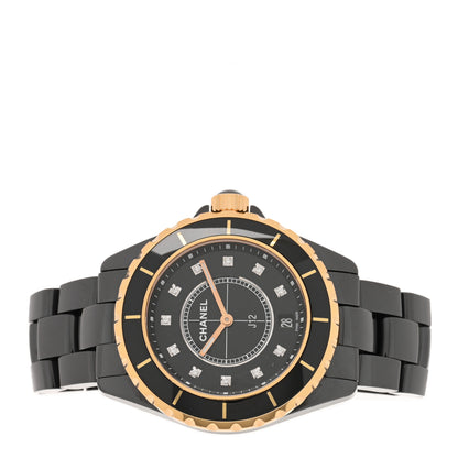 Chanel Stainless Steel 18K Yellow Gold Ceramic Diamond 38mm J12 Quartz Watch Black 2 of 4