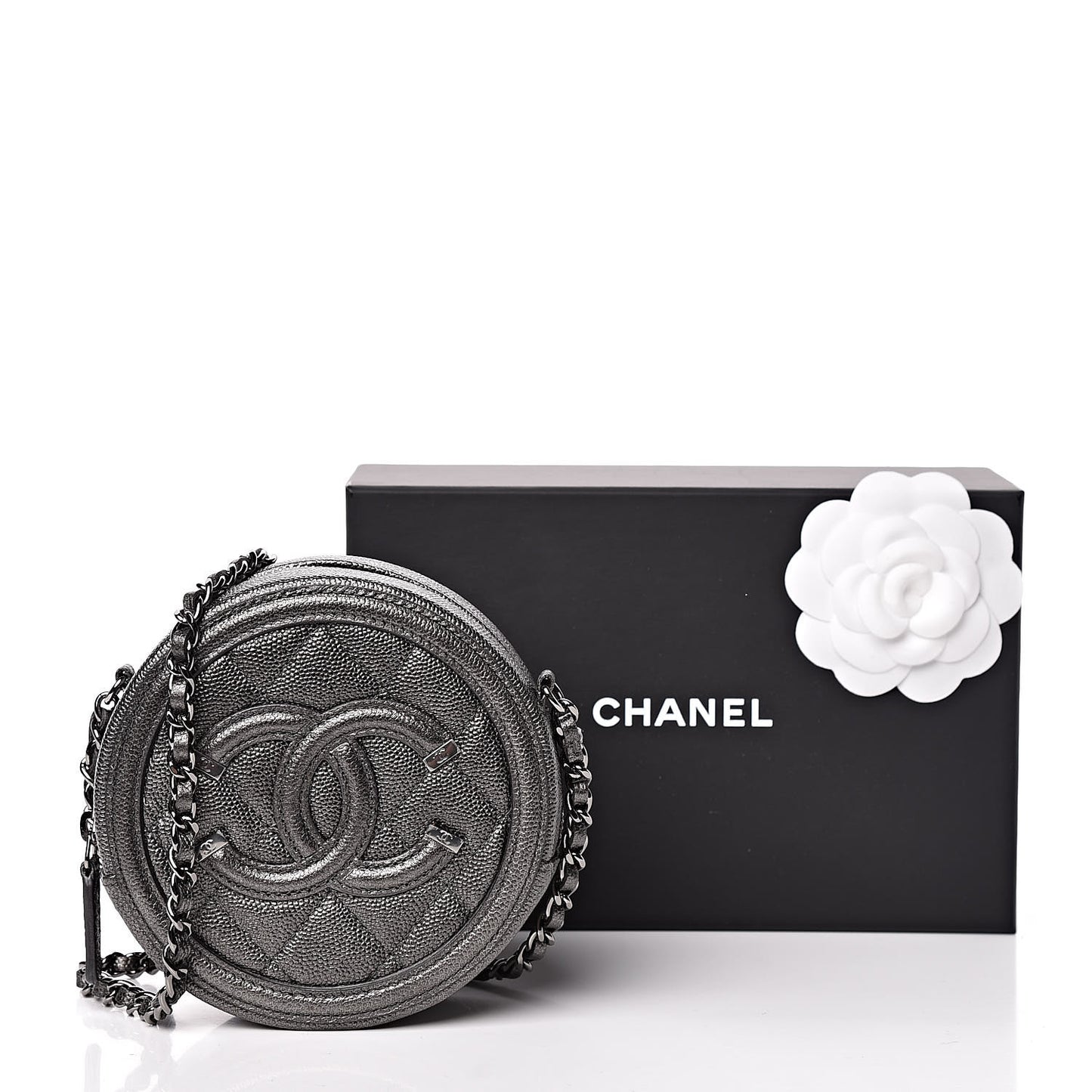 Metallic Caviar Quilted Round Filigree Crossbody Dark Silver