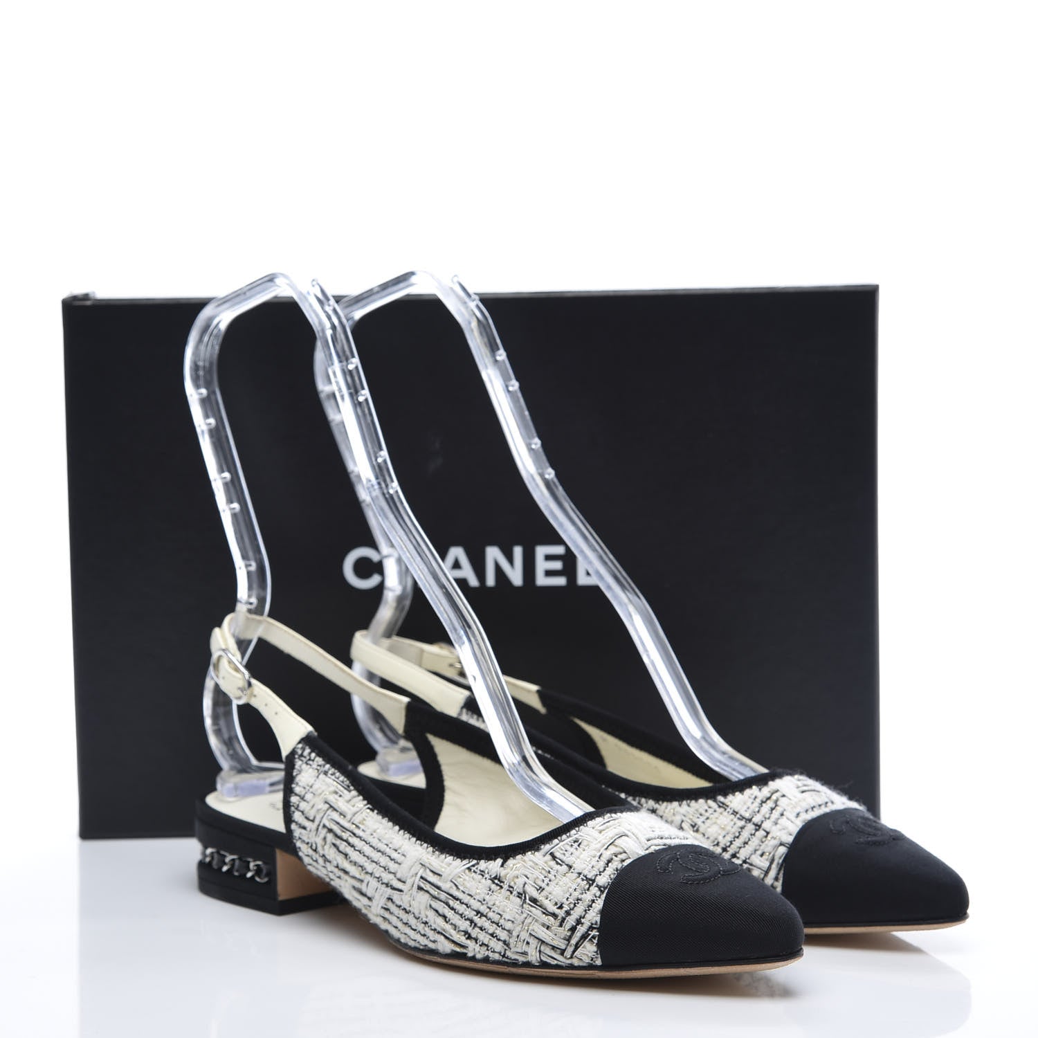 Chanel Tweed Cap Toe CC Slingback Flat 38 White Black 10 of 10