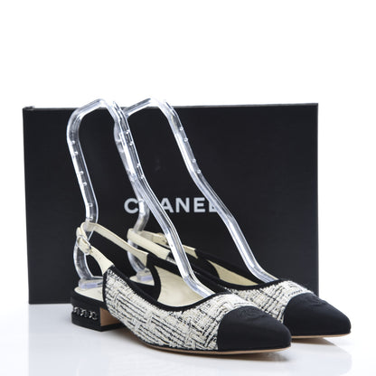 Chanel Tweed Cap Toe CC Slingback Flat 38 White Black 10 of 10